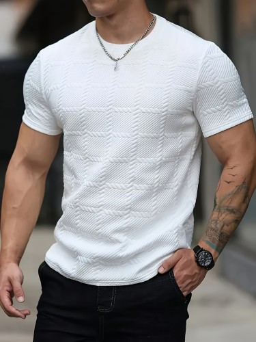 Men's Casual Jacquard Knit Short Sleeve T-Shirt - Stylish Brown Geometric Pattern, Round Neck, Machine Washable, All-Season Comfort Fit for Casual Attire