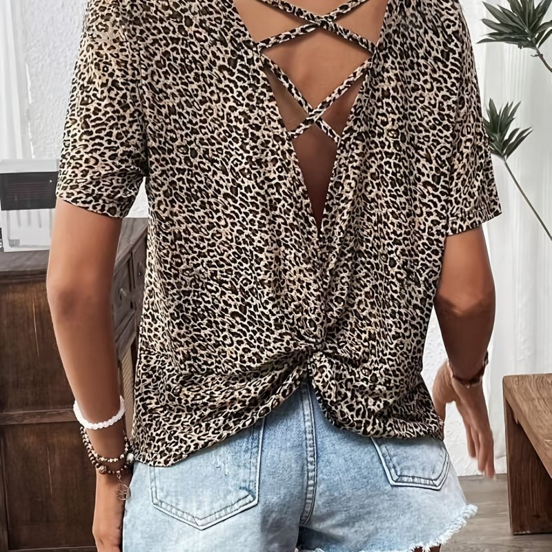 Women's Elegant Leopard Print Short Sleeve T-Shirt with Crisscross Back Detail - Polyester, Machine Washable, Ideal for Spring\u002FSummer Fashion, Leopard Print Blouse