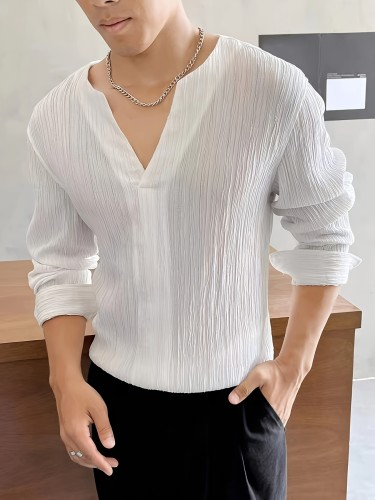Sleek V-Neck, Men's Stylish Textured Long Sleeve T-Shirt - V-Neck, Solid Color, Polyester Blend, Machine Washable
