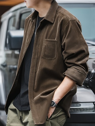 Men's Casual Long Sleeve Shirt - 100% Polyester, Vintage Style, Loose Fit, Lapel Collar, Solid Color Corduroy for Weekend Wear