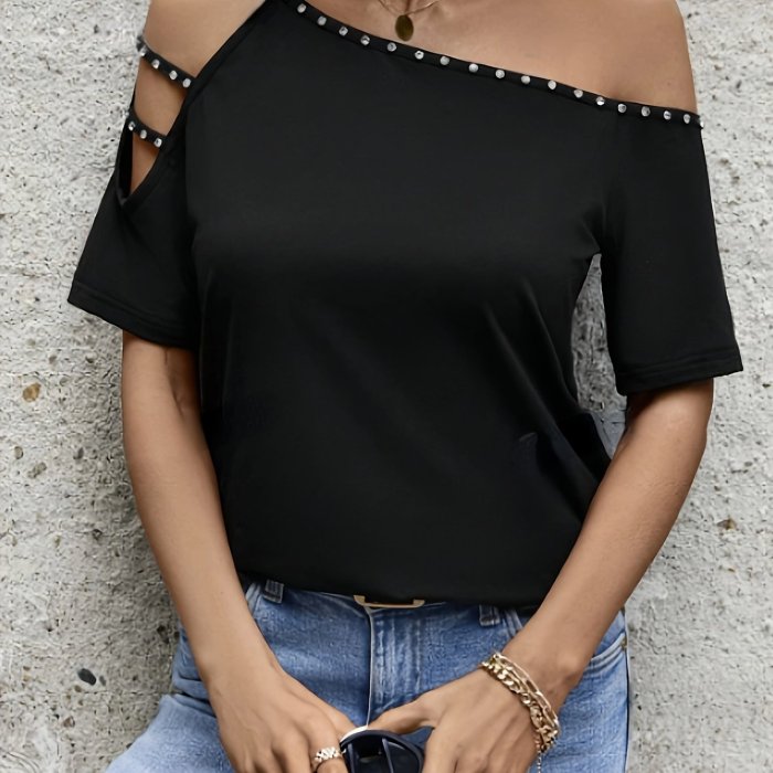 Elegant Style Women's Fashion Off-Shoulder T-Shirt, Casual Solid Color Knit Fabric Top with Rhinestone Detail, 95% Polyester 5% Elastane, All-Season Regular Length Tee, Allseason Apparel | Offshoulder Tee | Polyester Blend