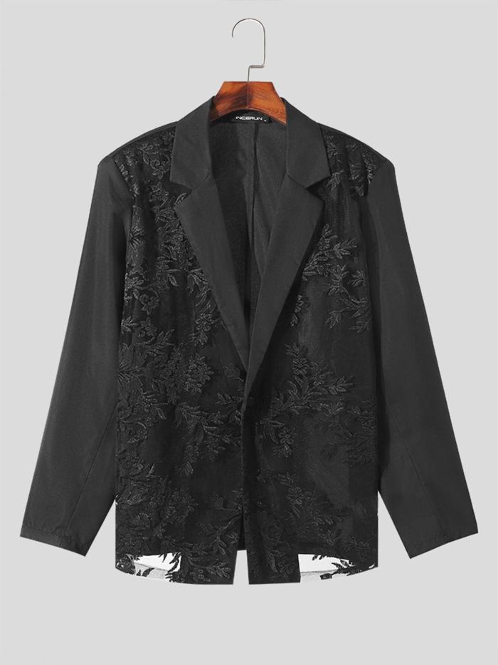 Men Sexy Lace Patchwork Sheer Lapel Collar Long Sleeve Stylish Party Nigthclub Cardigan Blazer Outerwear