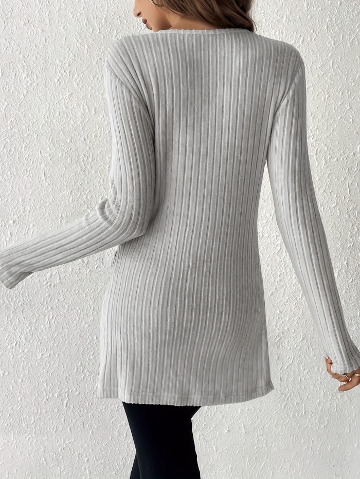 Solid Surplice Neck Split T-shirt Solid Color Surplice Neck Split Side T-shirt, Elegant Slim-Fit Long Sleeve Top For Spring & Fall, Women's Clothing