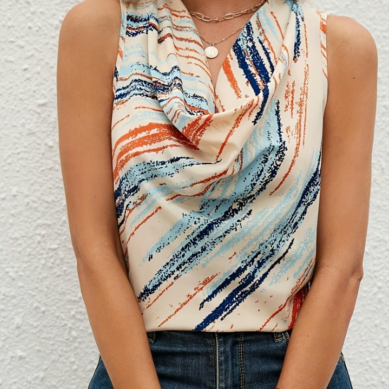 For Spring & Summer Striped Cowl Neck Tank Top, Casual Sleeveless Women's Clothing