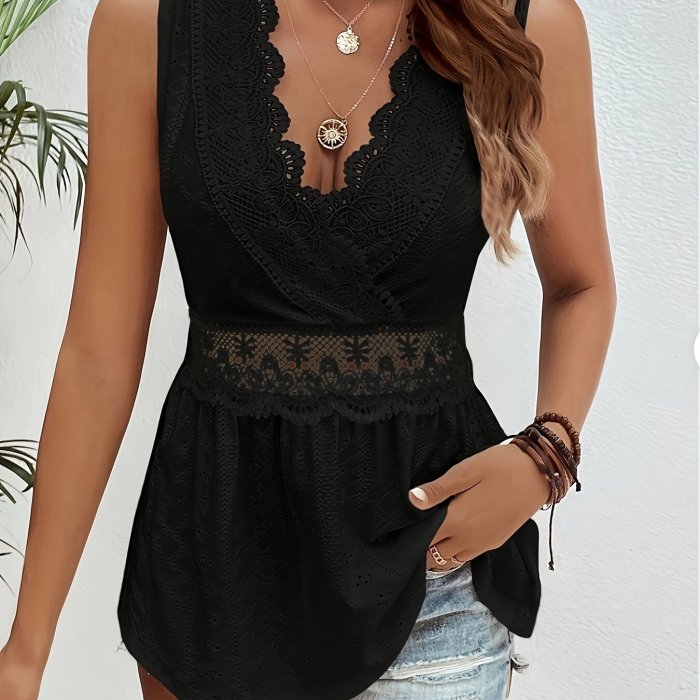 Elegant Sleeveless Lace Splicing Tank Top - V-neck, Summer Women's Clothing