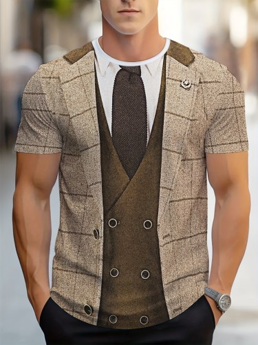 3D Printed Faux T-Shirt - Breathable Men's Casual 3D Printed Faux Two-Piece T-Shirt - Short Sleeve, Polyester, Round Neck in Beige & Brown Plaid Design with Tie Detail - Lightweight & Breathable for Summer Wear