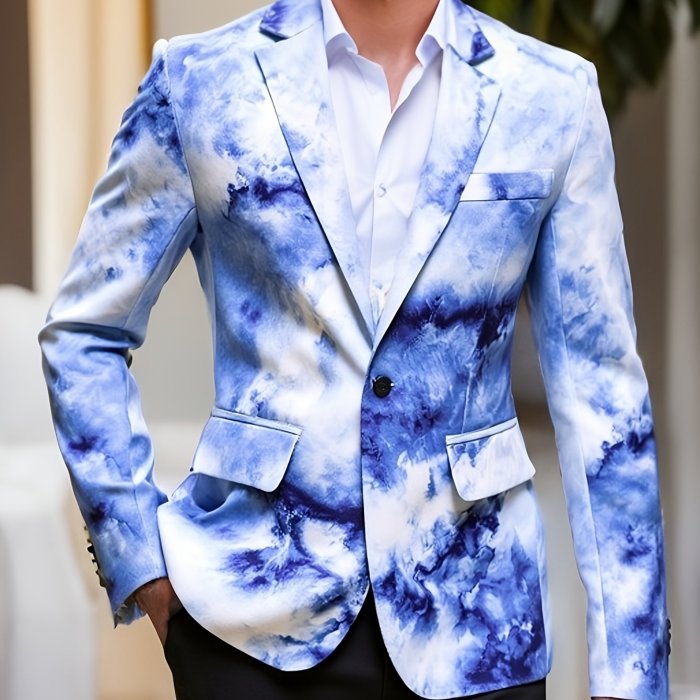 1pc Men's Polyester Blazer - Gradient Print, Lapel Collar, Button Closure, Non-Stretch, Skinny Fit for Night Out, Weekend - Fake Pockets Detail