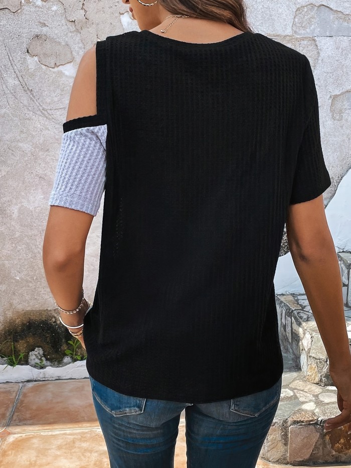 Women'S Color Block T-Shirt, Crew Neck Knit Polyester Top with Button Detail, Regular Length, 95% Polyester 5% Elastane, 180g\u002Fm² Fabric Weight - Spring\u002FSummer\u002FFall Fashion