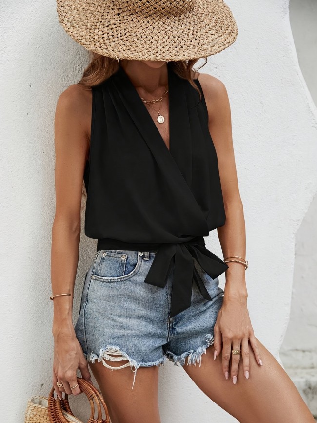 Elegant Surplice Neck Tank Top - Tie Front Sleeveless Pleated For Spring & Summer - Women's Clothing