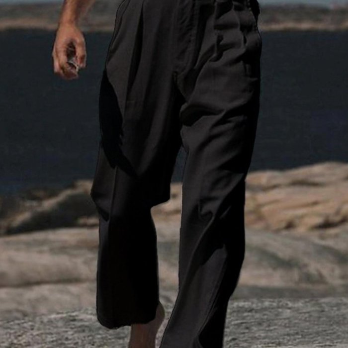 Men'S Linen Pants Solid Color Mid Rise Breathable Loose Fit Trouses with Pockets