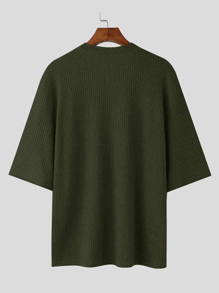 Men's Casual V-Neck Knit T-Shirt - Olive Green, Half Sleeve, Baggy Fit, Lightweight Textured Fabric, Ideal for Casual Attire