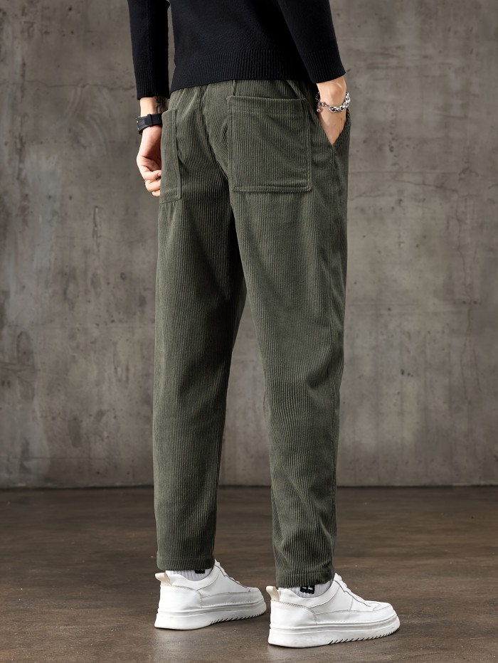 Men's Formal Drawstring Trousers Men's Design Print Corduroy Barrel Pants With Pockets, Formal Drawstring Trousers For Fall Winter Outdoor Activities Gift