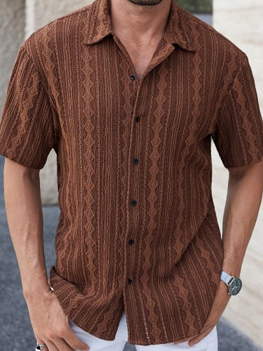 Men's Lightweight Summer Casual Shirt - Vintage-Inspired Knit Texture, Embossed Solid Color White, Short Sleeve with Collar, Button-Up, Breathable Polyester Blend, Ideal for Vacation