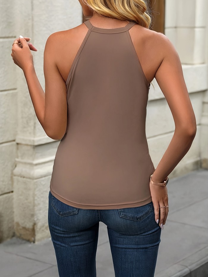 OM228 Elegant Halter Neck Sleeveless Knit Top with Hollow Details - Polyester, Solid Color, Spring\u002FSummer, Knit Fabric, 180 g\u002Fm²