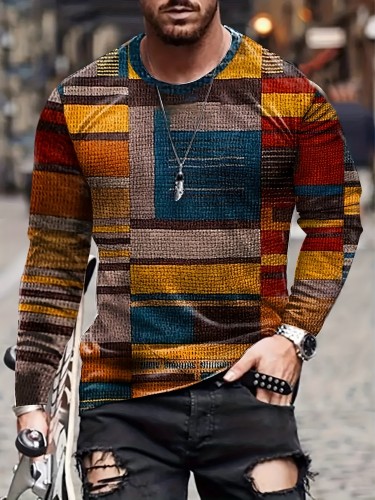 Autumn Retro Print Long Sleeve Men's Irregular Color Block Collision Splicing Retro Print Pattern Autumn and Winter Fashion, Casual Personality Round Neck Long Sleeve