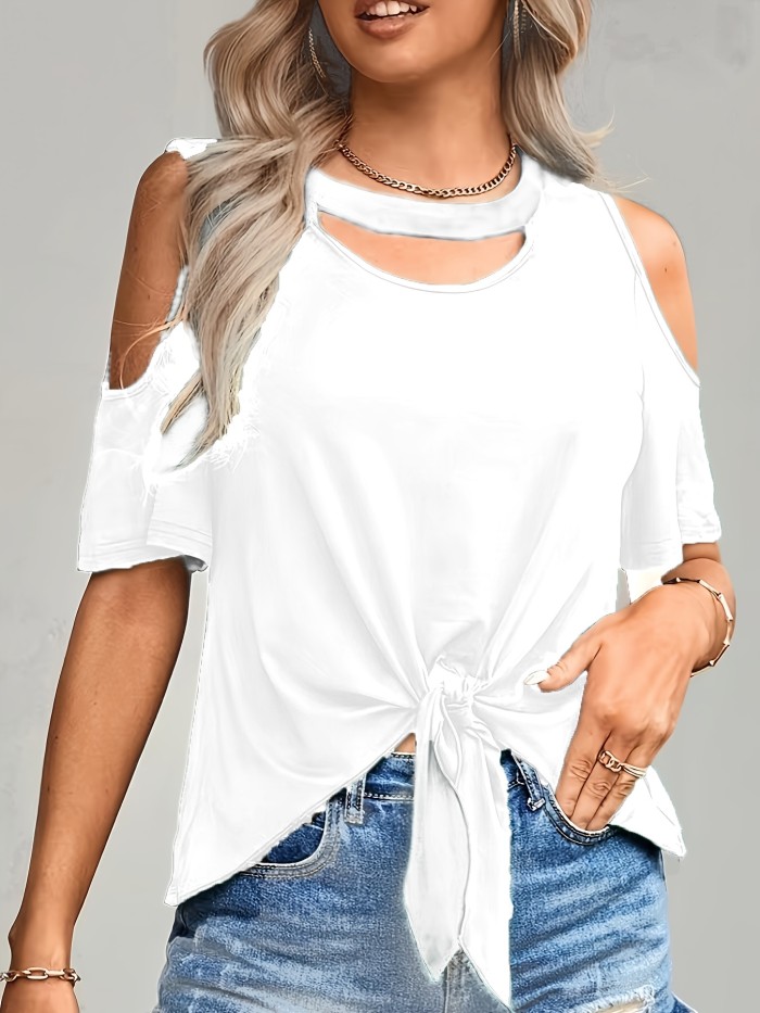Women'S Casual Off-Shoulder Top with Cat Ears Design - White, Knot Front, V-Neck, Short Sleeve, Perfect for Spring\u002FSummer