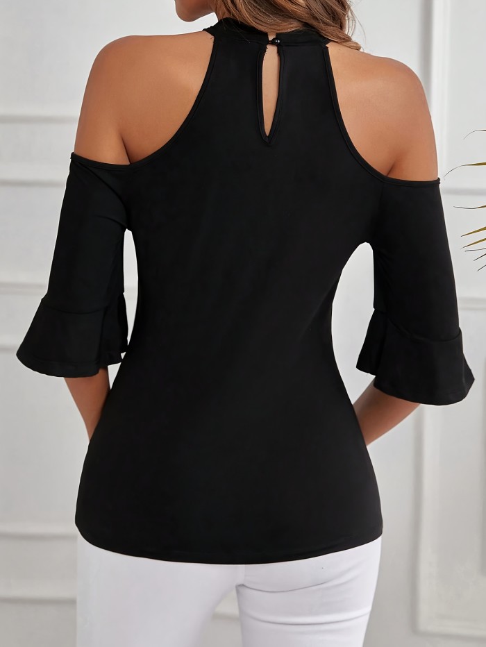 Women's Elegant T-Shirt - Off-Shoulder, Bell Sleeve, Black Polyester, Keyhole Front, Ruffle Detail, Machine Washable