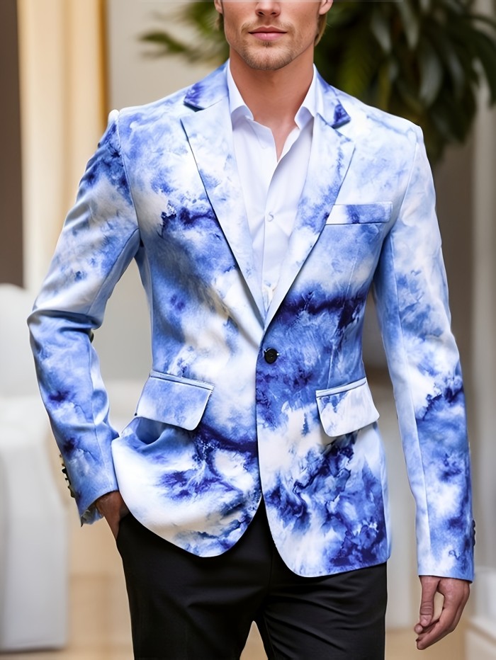 1pc Men's Polyester Blazer - Gradient Print, Lapel Collar, Button Closure, Non-Stretch, Skinny Fit for Night Out, Weekend - Fake Pockets Detail