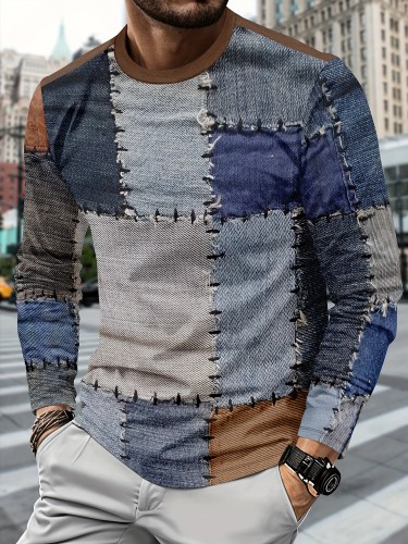 Men'S Fashion 3D Faux Denim Print Long Sleeve T-Shirt