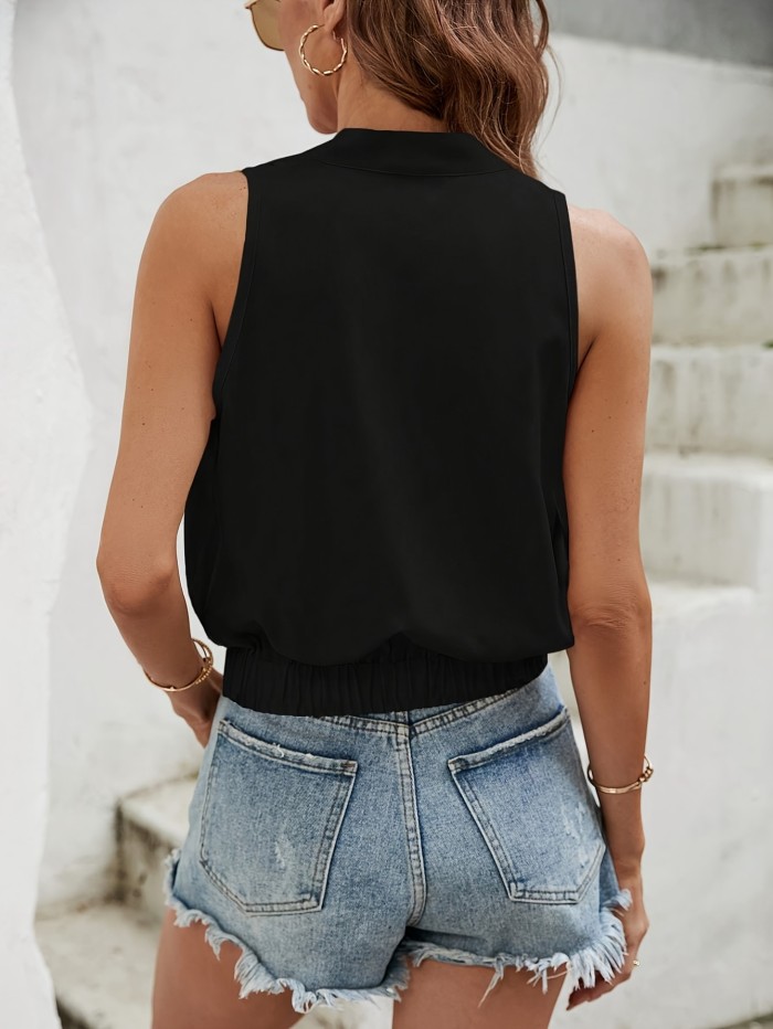 Elegant Surplice Neck Tank Top - Tie Front Sleeveless Pleated For Spring & Summer - Women's Clothing