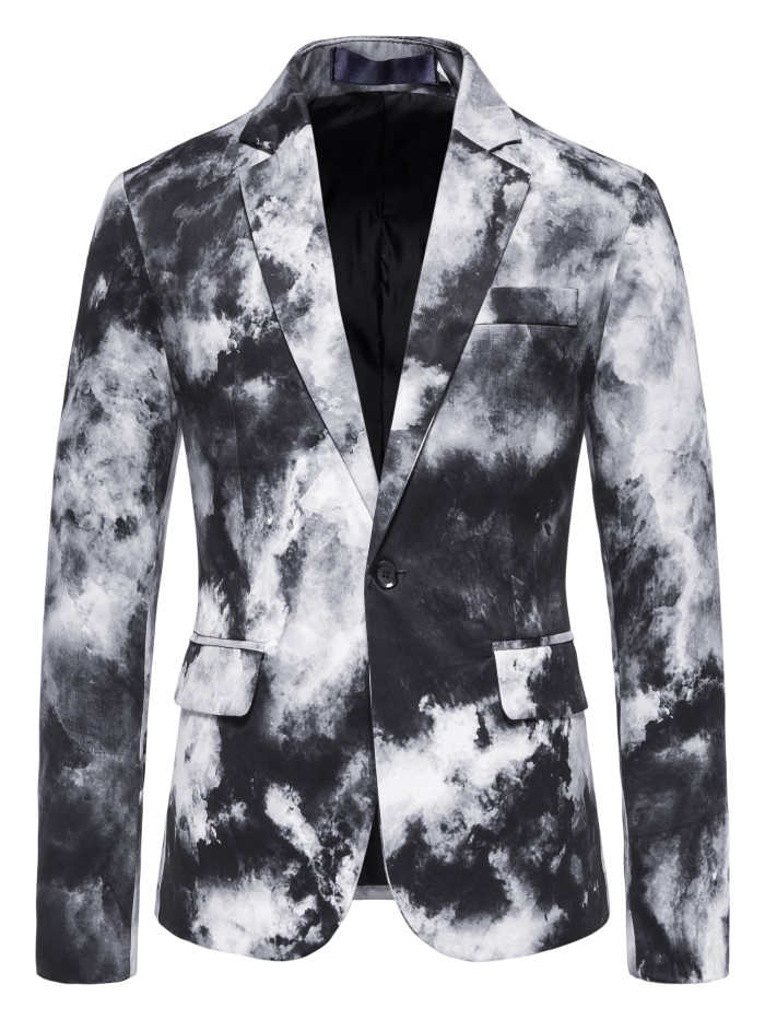 1pc Men's Polyester Blazer - Gradient Print, Lapel Collar, Button Closure, Non-Stretch, Skinny Fit for Night Out, Weekend - Fake Pockets Detail