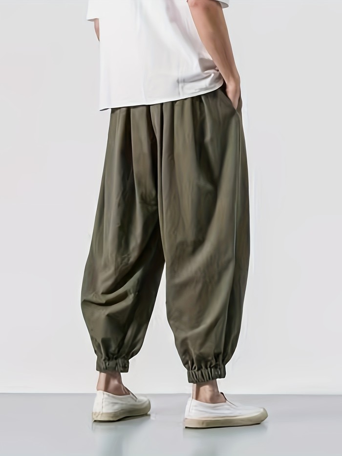 Regular Length Drawstring Hip-Hop Pants Men'S Casual Hip-Hop Pants, Polyester, Solid Color, Non-Stretch, Regular Length, All-Season, Drawstring Waist, Loose Fit, Mid-Waist, Woven, for Men