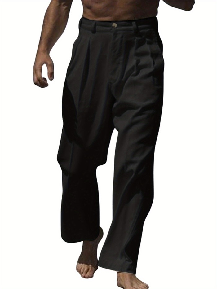 Men'S Linen Pants Solid Color Mid Rise Breathable Loose Fit Trouses with Pockets