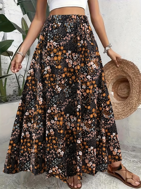 95% Polyester Floral Maxi Skirt Women's Casual Floral Print Maxi Skirt with Scallop Detail - 95% Polyester, 5% Elastane Knit Fabric, Middle East Style, Versatile for All Seasons