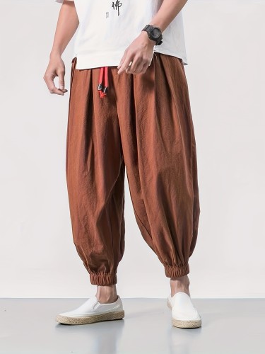 Regular Length Drawstring Hip-Hop Pants Men'S Casual Hip-Hop Pants, Polyester, Solid Color, Non-Stretch, Regular Length, All-Season, Drawstring Waist, Loose Fit, Mid-Waist, Woven, for Men