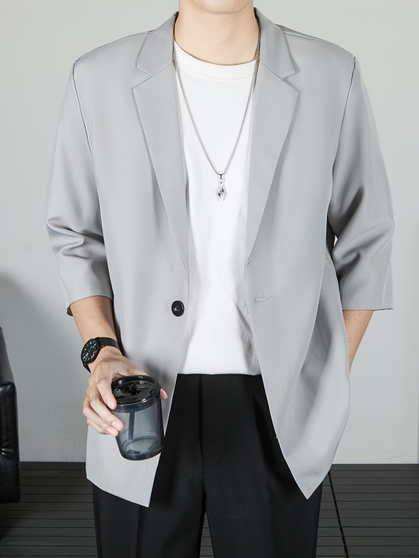 Korean Style Casual Blazer Lightweight Korean Style Men's Casual Blazer - 3\u002F4 Sleeves Polyester Suit Jacket in Solid Color, Machine Washable - Spring\u002FAutumn