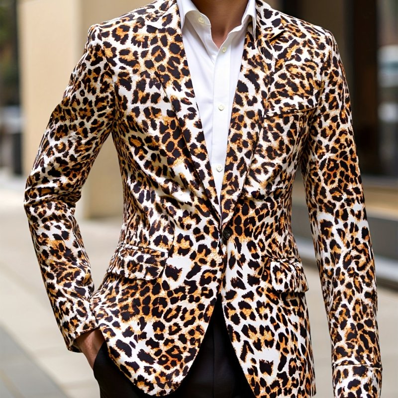 Casual Polyester Leopard Print Blazer - 1pc Men's Skinny Fit Suit Jacket with Lapel Collar, Woven Non-Stretch Fabric for Fall\u002FWinter