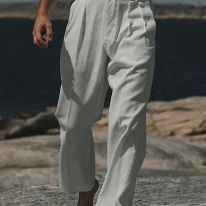 Men'S Linen Pants Solid Color Mid Rise Breathable Loose Fit Trouses with Pockets