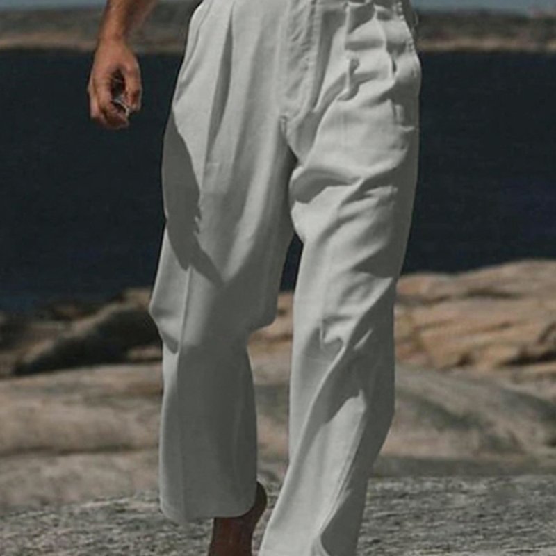 Men'S Linen Pants Solid Color Mid Rise Breathable Loose Fit Trouses with Pockets
