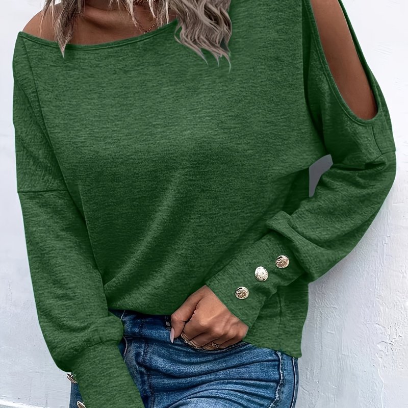 Solid Skew Neck T-Shirt - Casual Long Sleeve Asymmetric Top For Spring & Fall - Women's Clothing - Soft & Comfortable Fabric - Perfect for Everyday Wear & Layering - Ideal Gift for Fashionable Women