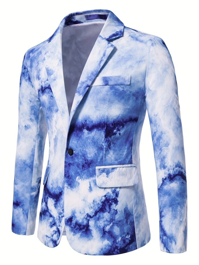 1pc Men's Polyester Blazer - Gradient Print, Lapel Collar, Button Closure, Non-Stretch, Skinny Fit for Night Out, Weekend - Fake Pockets Detail