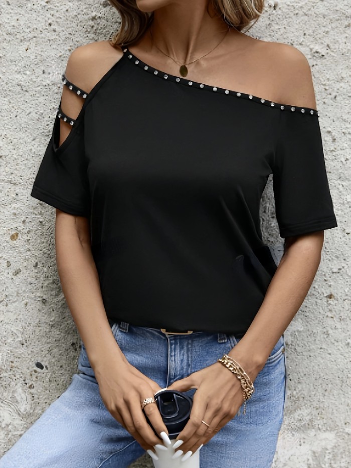Elegant Style Women's Fashion Off-Shoulder T-Shirt, Casual Solid Color Knit Fabric Top with Rhinestone Detail, 95% Polyester 5% Elastane, All-Season Regular Length Tee, Allseason Apparel | Offshoulder Tee | Polyester Blend