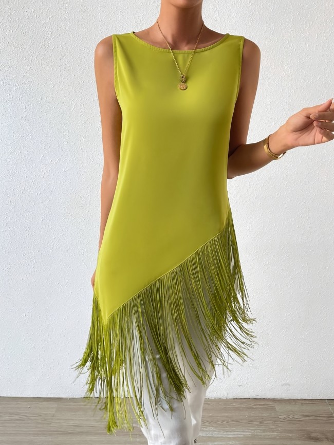 Fashionable Tank Top with a Round Neck And Fringe Hem