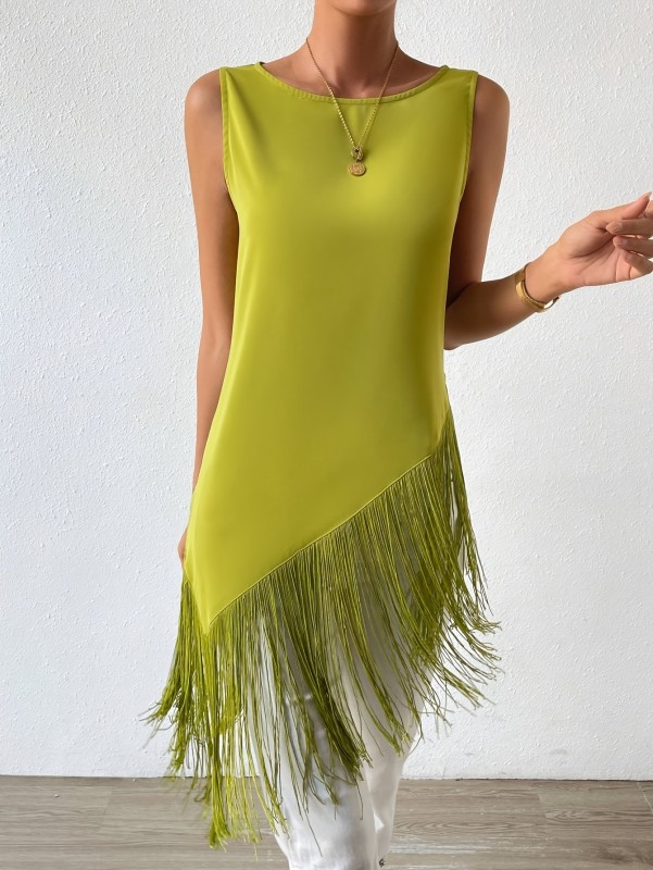 Fashionable Tank Top with a Round Neck And Fringe Hem