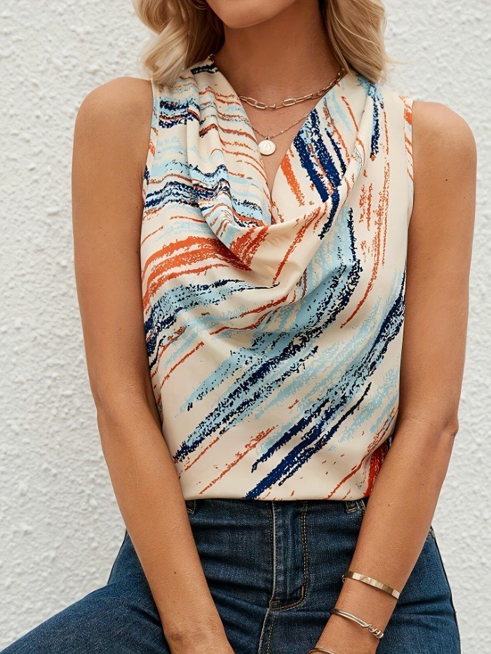 For Spring & Summer Striped Cowl Neck Tank Top, Casual Sleeveless Women's Clothing