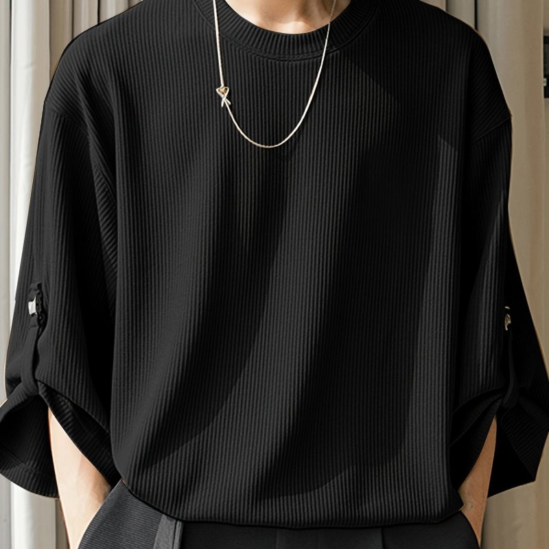Polyester Knitted T-Shirt Casual Polyester Knitted T-Shirt - Short Sleeve, Buckle Design, O-Neck, Streetwear, Solid Color, Regular Fit