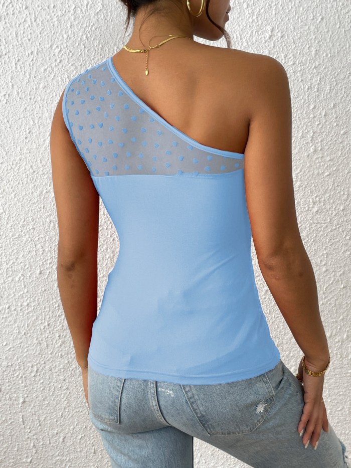 One Heart Print Mesh Top One Shoulder Heart Print Mesh Top, Sexy Sleeveless Asymmetrical Top, Women's Clothing
