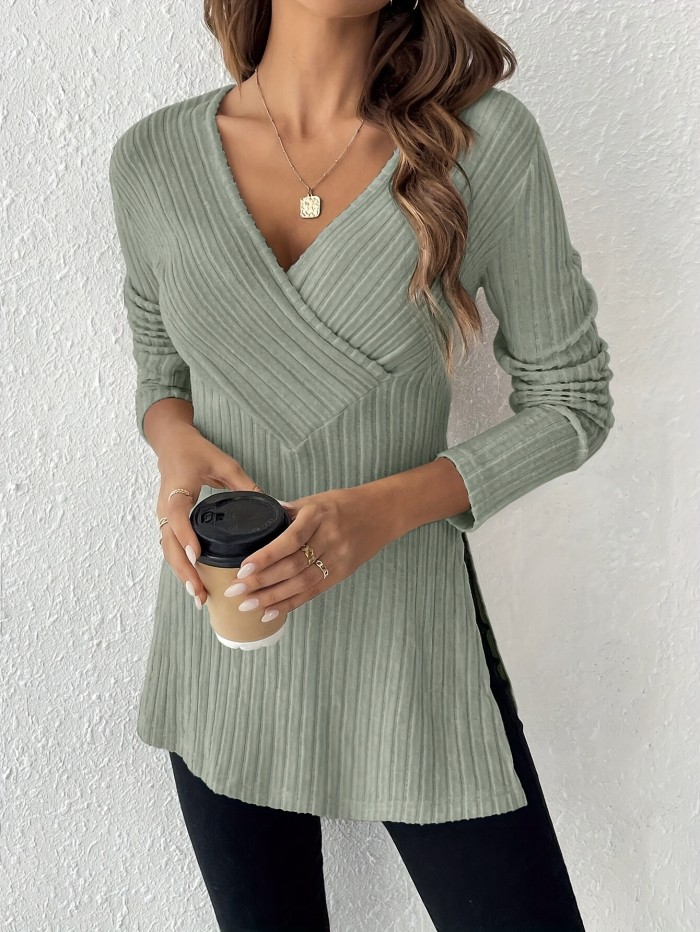 Solid Surplice Neck Split T-shirt Solid Color Surplice Neck Split Side T-shirt, Elegant Slim-Fit Long Sleeve Top For Spring & Fall, Women's Clothing