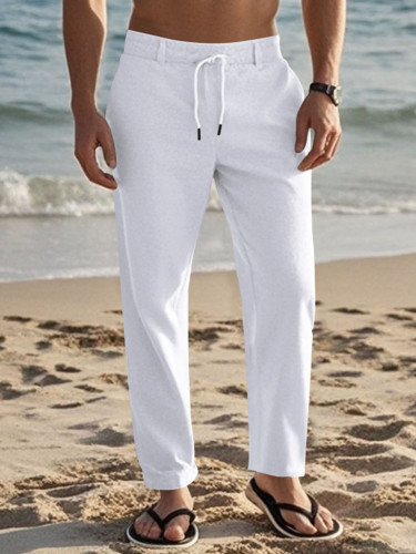 Men'S Drawstring Pants with Pockets Stylish Solid Casual Straight Leg Linen Trousers 3pcs