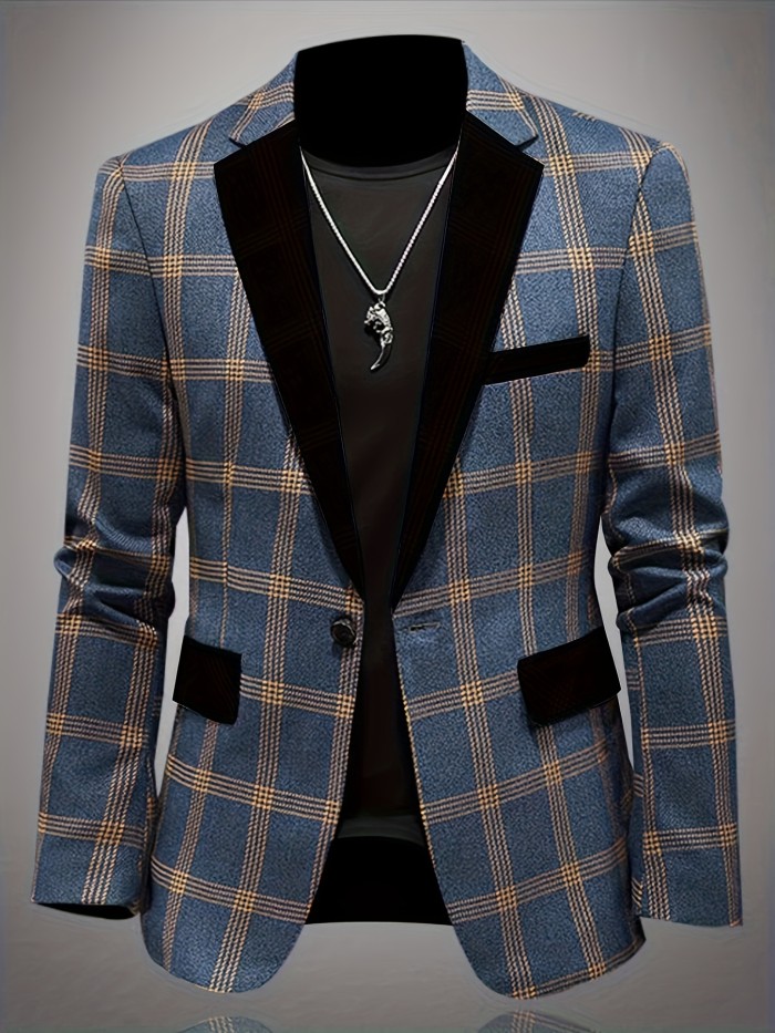 Casual Chic | Men's Stylish Casual Plaid Blazer - Light Blue and Beige, Polyester, Long Sleeve with Pockets, Machine Washable, Ideal for Spring\u002FFall, Autumn Jacket | Slim Fit Blazer | Structured Blazer Fit