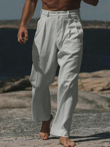 Men'S Linen Pants Solid Color Mid Rise Breathable Loose Fit Trouses with Pockets