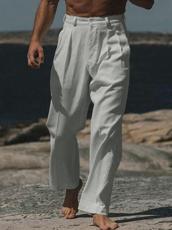 Men'S Linen Pants Solid Color Mid Rise Breathable Loose Fit Trouses with Pockets