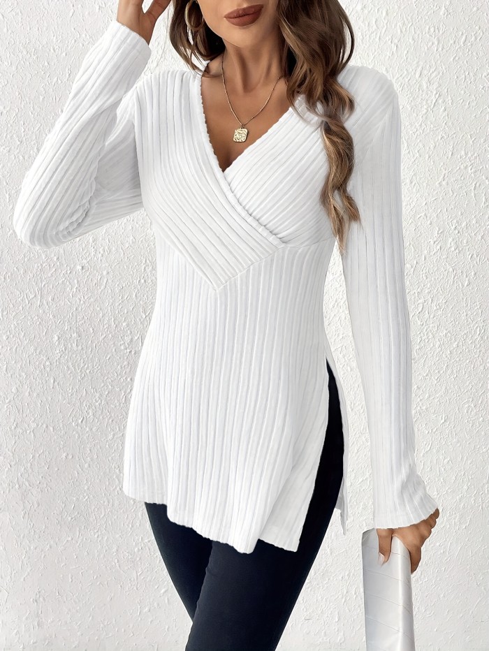 Solid Surplice Neck Split T-shirt Solid Color Surplice Neck Split Side T-shirt, Elegant Slim-Fit Long Sleeve Top For Spring & Fall, Women's Clothing