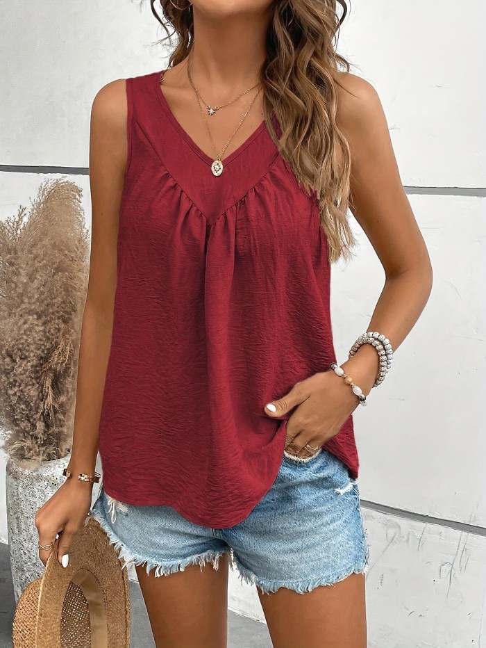 Spring Summer Sleeveless Tank Top Solid Color Ruched Front Tank Top, Casual Sleeveless Top For Spring & Summer, Women's Clothing
