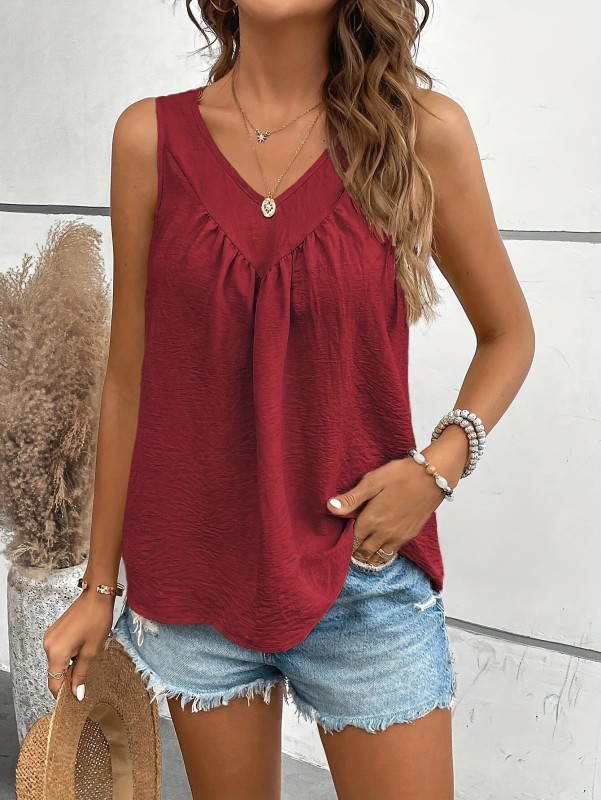 Spring Summer Sleeveless Tank Top Solid Color Ruched Front Tank Top, Casual Sleeveless Top For Spring & Summer, Women's Clothing
