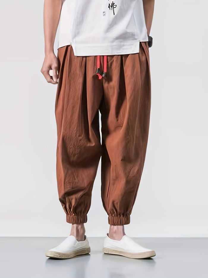 Regular Length Drawstring Hip-Hop Pants Men'S Casual Hip-Hop Pants, Polyester, Solid Color, Non-Stretch, Regular Length, All-Season, Drawstring Waist, Loose Fit, Mid-Waist, Woven, for Men